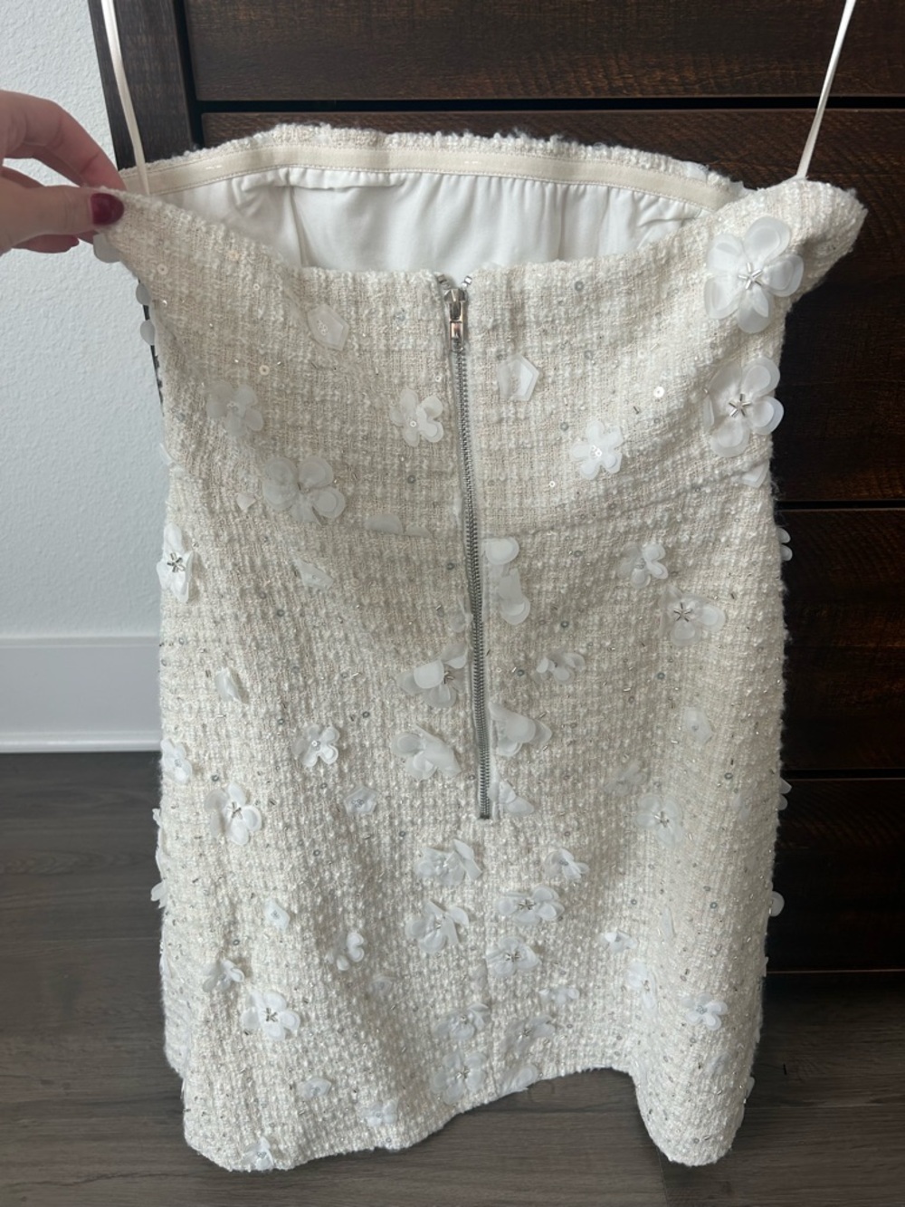 Anthropologie Cream Floral Appliqué Strapless Tweed Dress - Picture 4 of 4